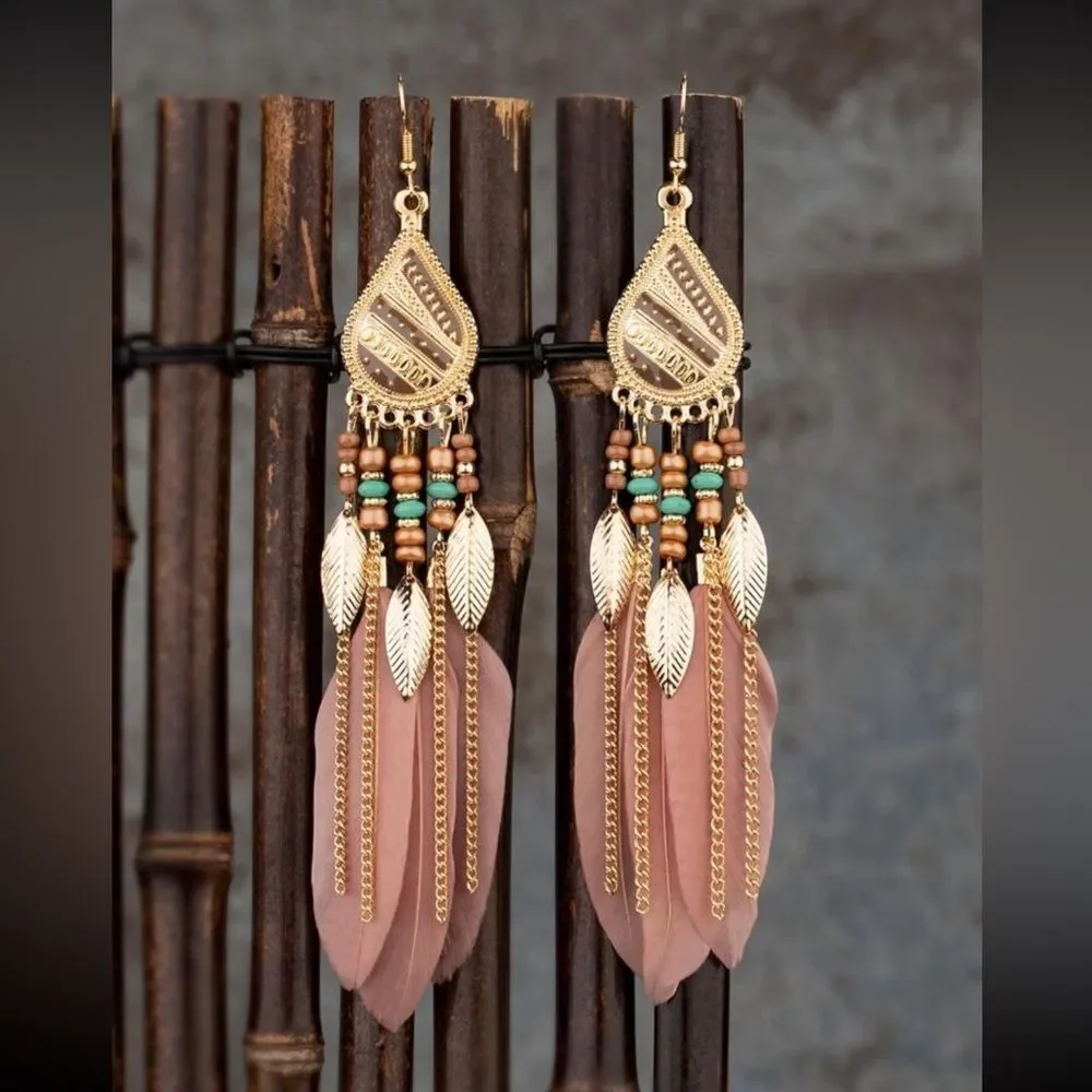 Vintage Style Feather Tassel Earrings‎ with Stainless Steel studs